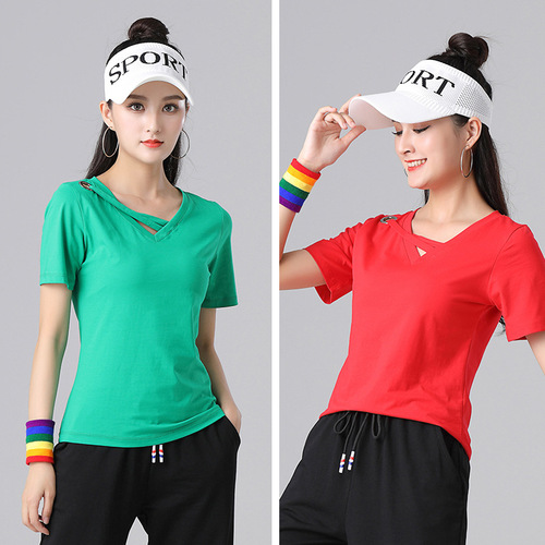 Tingziyi square dance clothing new suit cotton long and short waist T-shirt fitness sports casual dance clothing for women