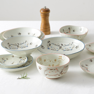 美浓烧米饭碗水晶猫汤面碗深盘浅盘日本进口餐具创意水果盘沙拉碗|ms