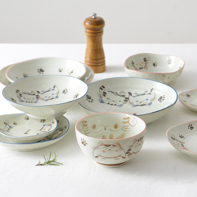 美浓烧米饭碗水晶猫汤面碗深盘浅盘日本进口餐具创意水果盘沙拉碗|ms