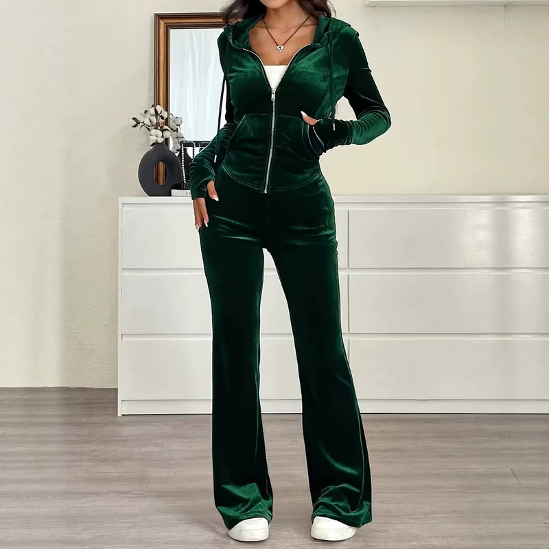 European and American women's clothing Amazon solid color velvet casual suit women's zip-up hooded sweatshirt high-waisted long two-piece set European and American women's clothing Amazon solid color velvet casual suit women's zip-up hooded sweatshirt high-waisted long two-piece set
