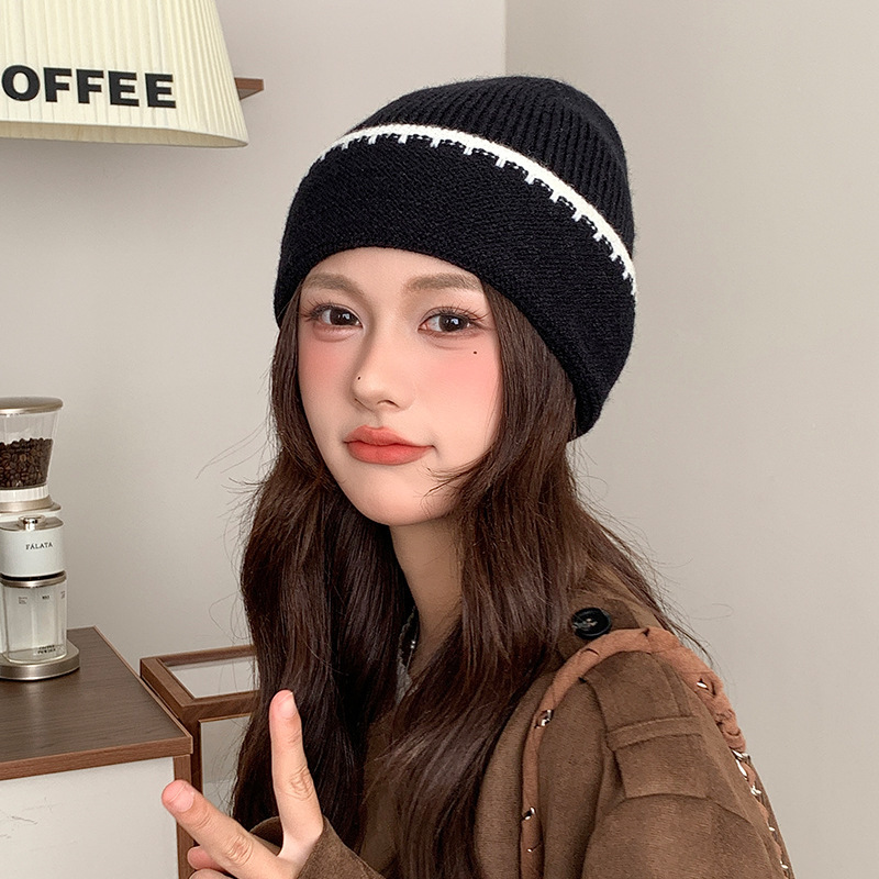 韩系简约百搭撞色针织帽子女秋冬季保暖护耳毛线帽显脸小包头冷帽|undefined