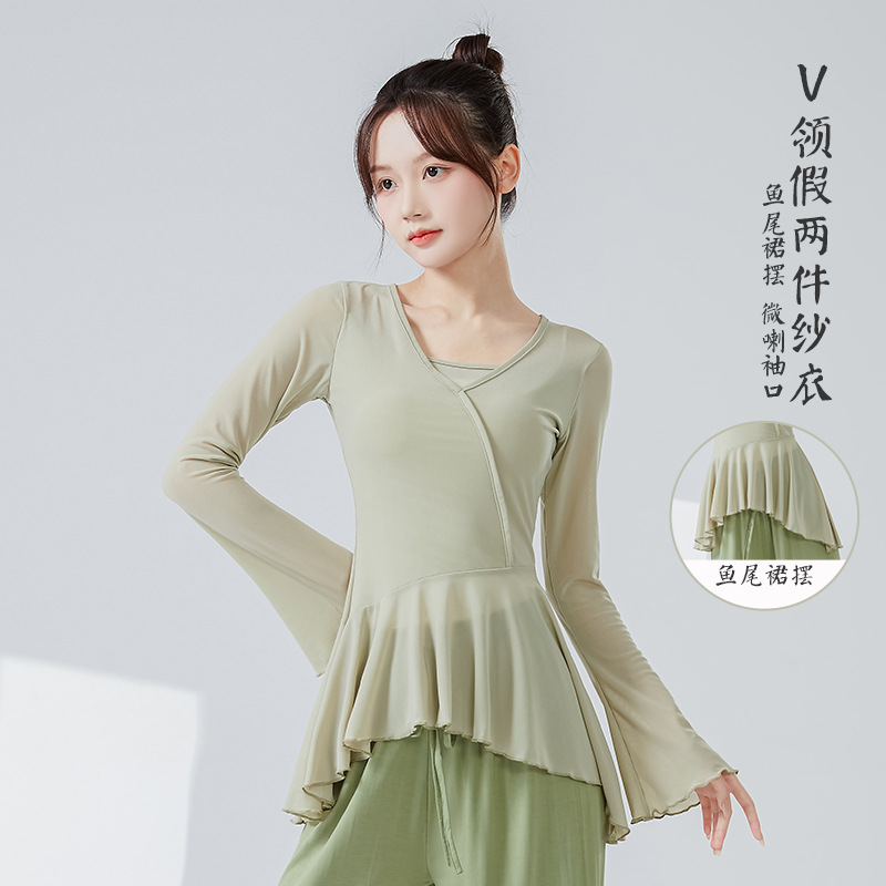 Classical Dance Practice Clothes for Women, New Style, Fake Two-Piece, Encrypted Chinese Style Fishtail Skirt, Mesh Top, Performance Dance Costume Top