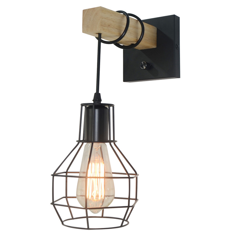 Cross-border Amazon industrial style wall lamp cage hanging dimmable wall lamp farmhouse restaurant bar bedroom wooden lamp Cross-border Amazon industrial style wall lamp cage hanging dimmable wall lamp farmhouse restaurant bar bedroom wooden lamp