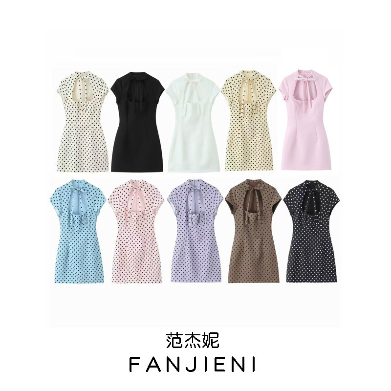 Zr Foreign Trade Wholesale European and American Style Women's Fashion Slim Fit Polka Dot Short Dress with Bow Decoration 4661309