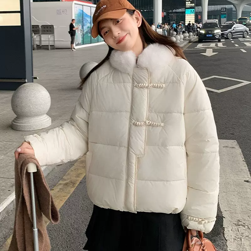E4655新中式国风盘扣羽绒棉服女冬季甜美减龄少女短款面包服外套