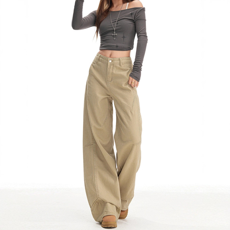 Vintage Khaki Scimitar Wide-Leg Jeans for Women, Autumn and Winter Loose Wide-Leg Pants, Slimming Women's Jeans for Autumn