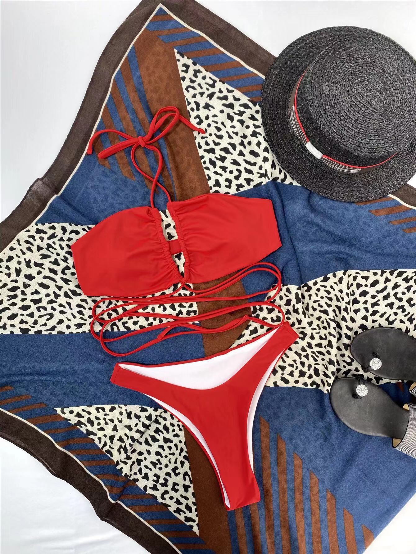 2021 Amazon nuevo comercio exterior europeo y americano traje de baño de las mujeres traje de baño de color sólido vendaje sexy bikini traje de baño