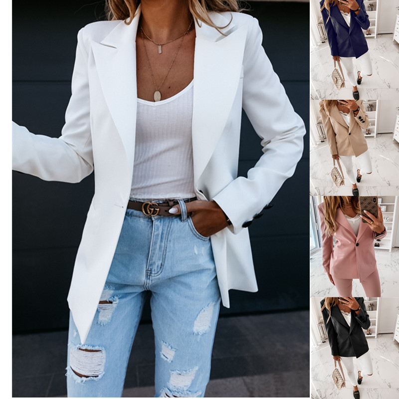 2025 New Autumn and Winter Women's Long-Sleeved Small Suit Amazon Pure Color Elegant Suit Collar Button Slim Outwear for Women