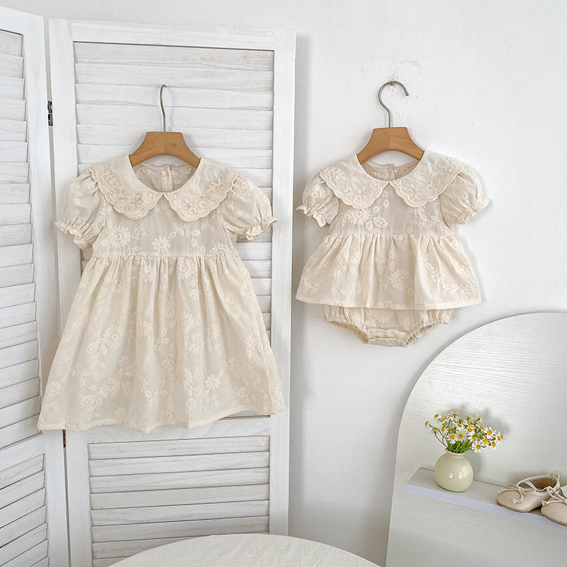Summer Girls' dress Baby Clothes Short-sleeved Bag Fart Clothes Women's Baby Western Style Embroidered Princess Dress Children's Sisters Clothes