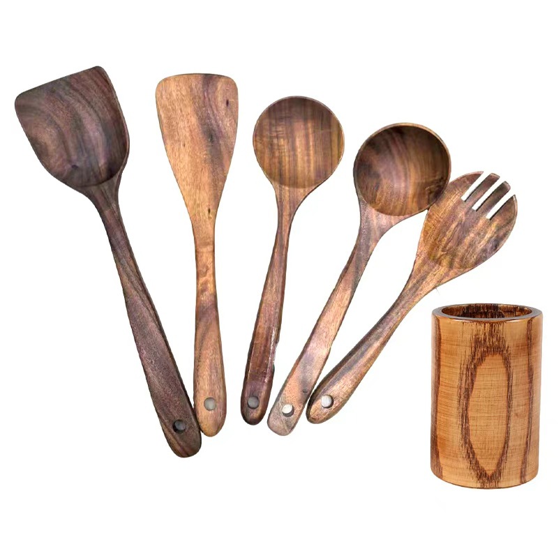 Juego de cocina de teca, cuchara de pala de madera maciza, tenedor, sartén antiadherente, utensilios de cocina de madera de acacia, espátula de mango largo, juego de cocina de 9 piezas