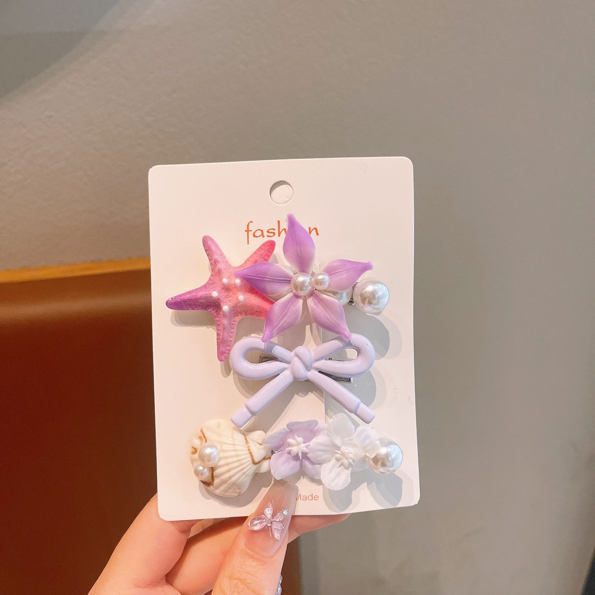 Nuevo adorable adornamiento para el cabello de niños estrella de mar conchas de perlas clips para el cabello de mujeres gradiente estereoscópico flores pequeñas toque de cabeza para niños