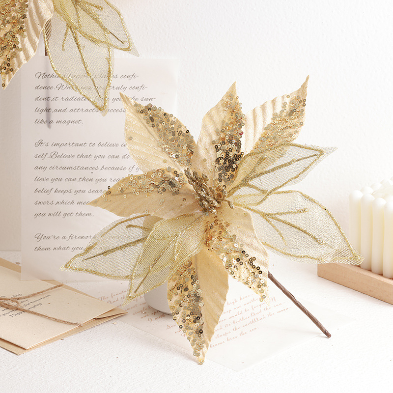 Buscando flores de Navidad transfronterizas 30cm decoraciones de árbol de Navidad de champán oro flores falsas flores hechas a mano flores DIY