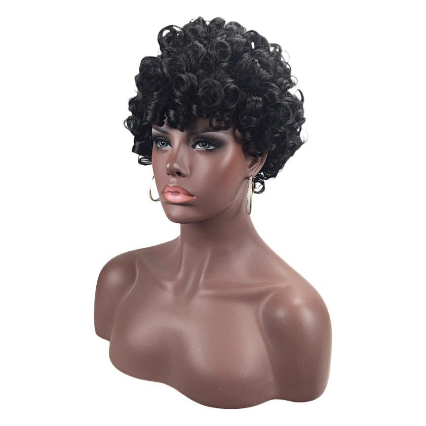 Comercio exterior peluca corta cabeza cubierta de fábrica Ventas Directas pequeño Pelo Rizado Pelo Corto cabeza cubierta negro tornillo pequeño rollo cabeza cubierta