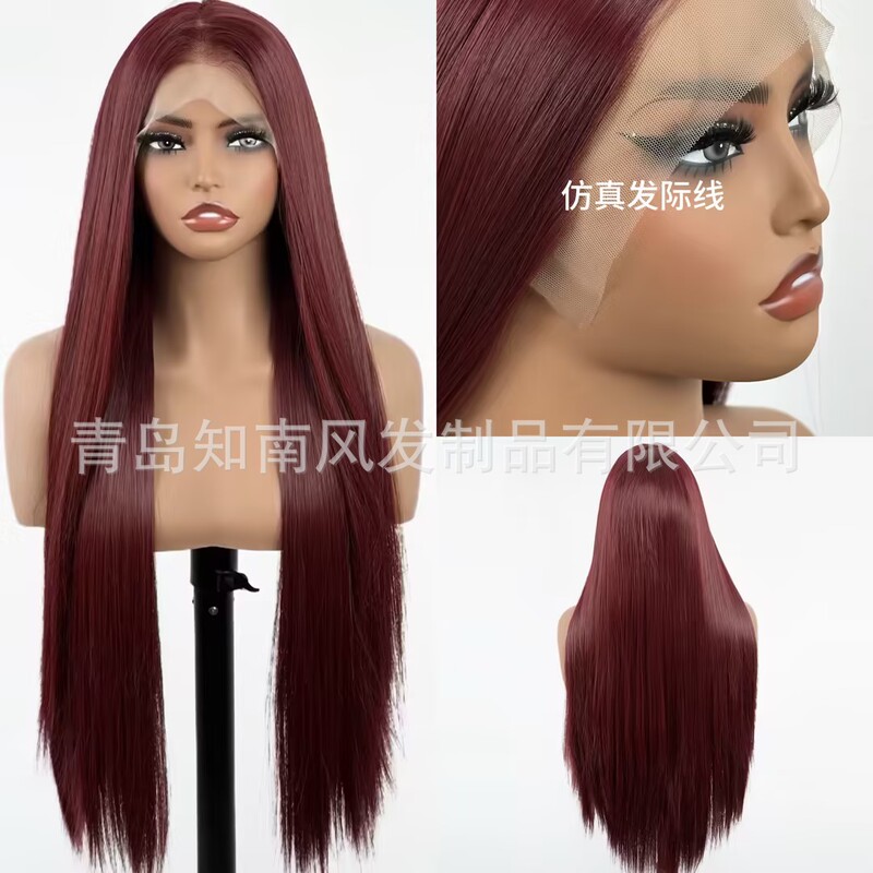 Foreign Trade Burgundy Long Straight Matte High-Temperature Fiber Lace Front Hand-Crocheted 13*4 Full Wig