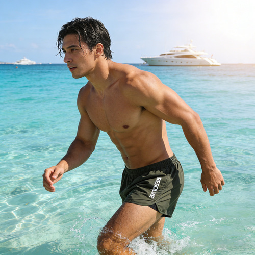 New men's swimming trunks with personalized printing, vacation style wading, quick-drying beach trunks, adjustable size, double layer to prevent embarrassment