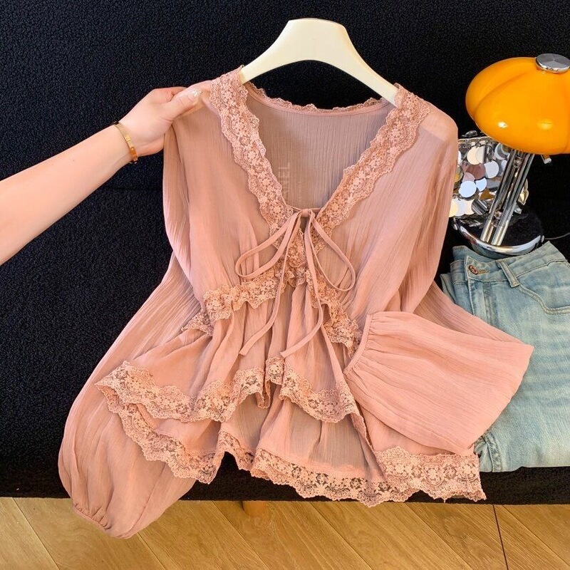 Pink Lace V-Neck Chiffon Shirt for Women, New Summer Style, Beautiful Vacation Sun Protection Top