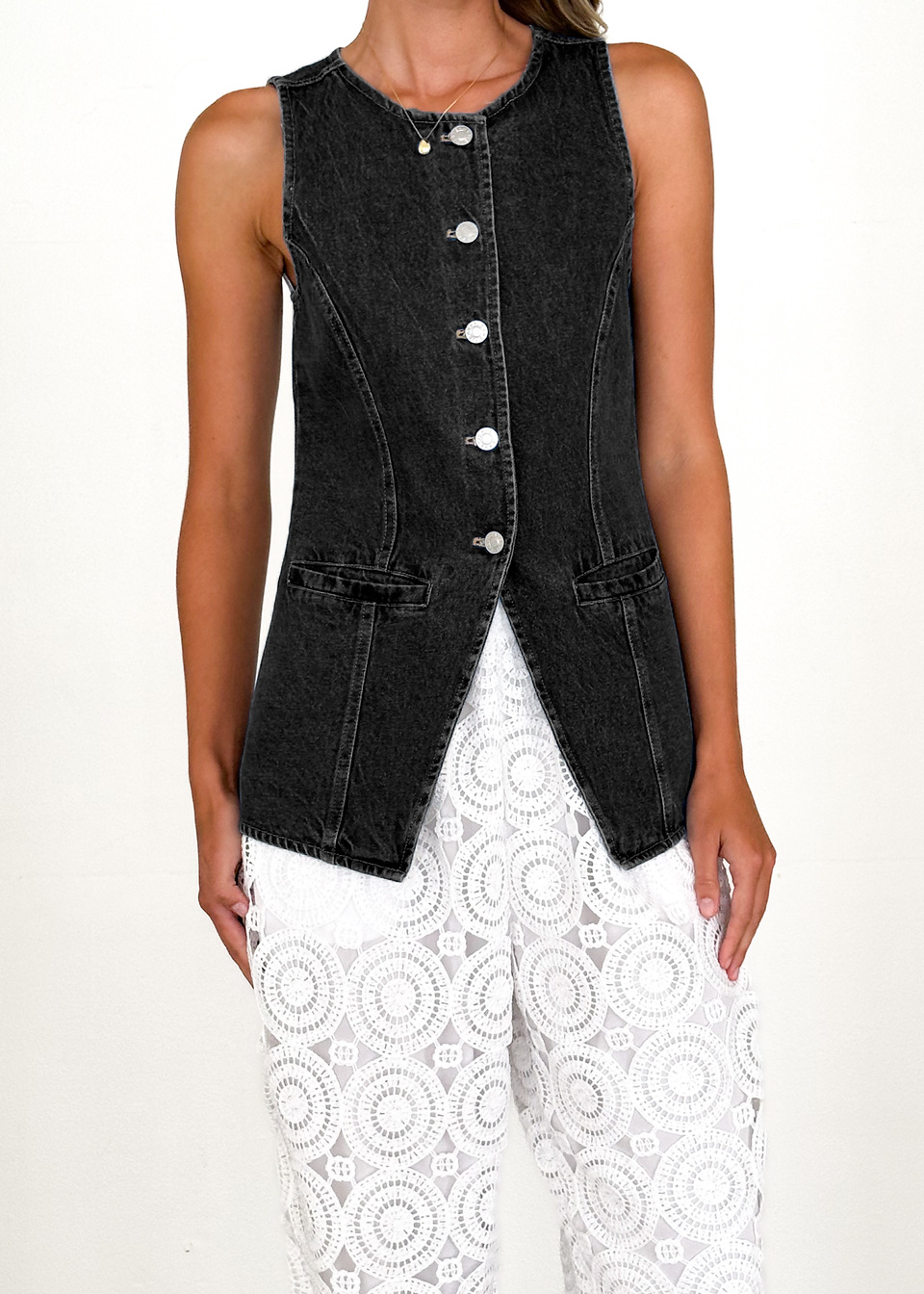 Amazon Independent Station Cross-border nueva moda retro europea y americana cuello redondo sin mangas cintura chaqueta de mezclilla chaleco damas image 8