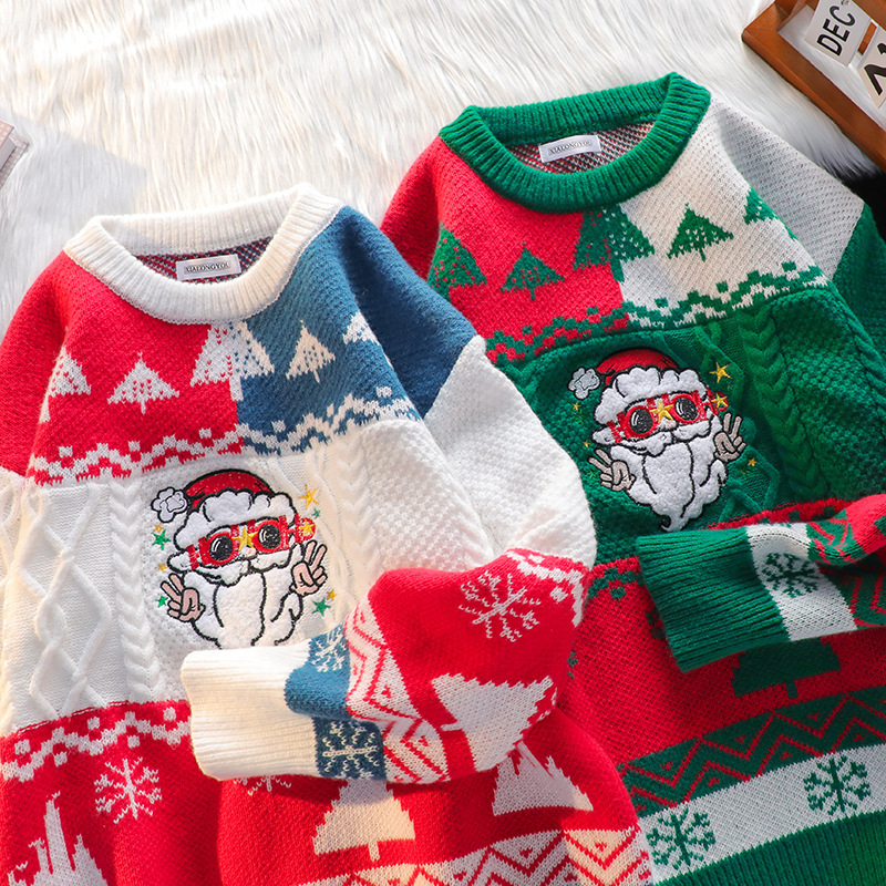 Christmas Sweater Men's and Women's Loose Design Flocking Santa Claus plus size Trendy Color Blocking Heavy Industry Couple Knitwear