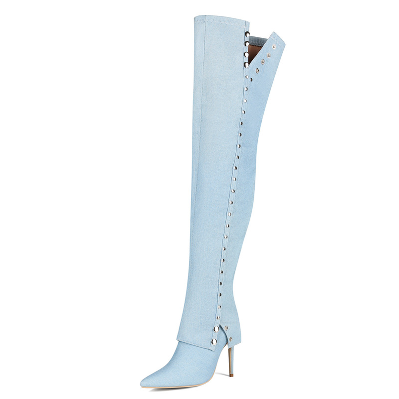European and American Export Cross-Border Sexy Denim Fashion Rivet Pointed Toe Stiletto Heels Large Size 44 Women's Long Over-The-Knee Boots European and American Export Cross-Border Sexy Denim Fashion Rivet Pointed Toe Stiletto Heels Large Size 44 Women's Long Over-The-Knee Boots