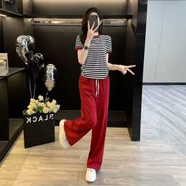 慵懒风穿搭一整套时尚减龄女夏条纹短袖T恤红色休闲运动裤两件套