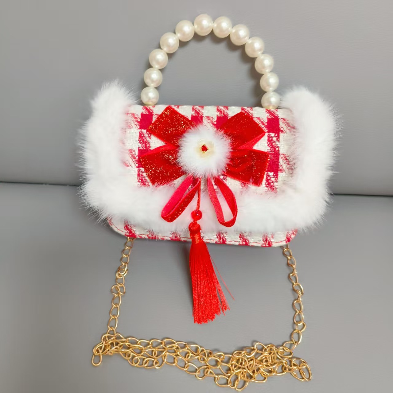 Gran bolso portátil de perla roja, cadena de arco, bolso cuadrado, bolso de Año Nuevo para chicas, bolso de Año Nuevo, viento fragante