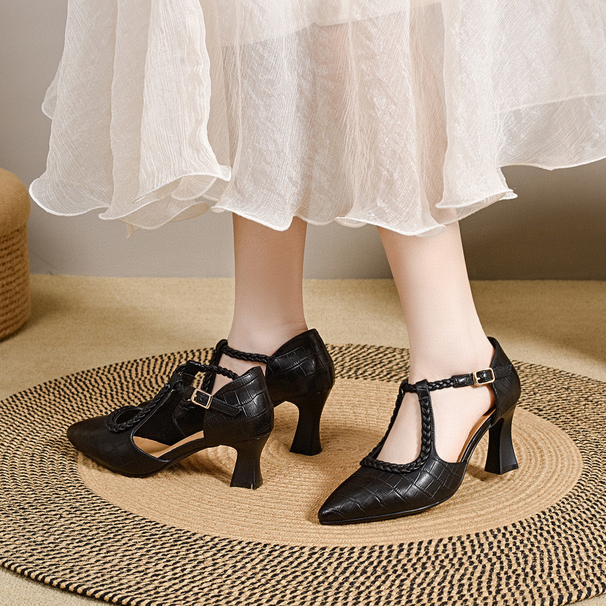 Sandal cao gót nữ mũi nhọn quai ngang da thật gót 7 cm — Đen--7CM chi tiết 8