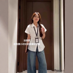 白色短袖POLO领衬衫女装夏季设计感收腰显瘦衬衣简约百搭开衫上衣