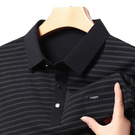Middle-aged Men's Autumn Long-sleeved T-shirt Striped Top Real Pocket New Dad's Polo Shirt Casual All-match Lapel