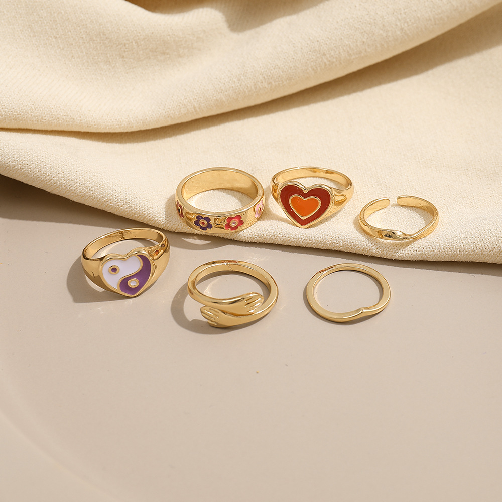 Fashion Heart Shape Flower Alloy Enamel Plating Rings 6 Pieces