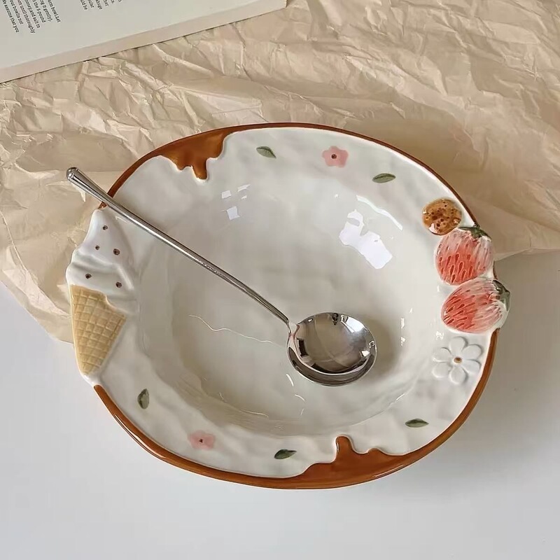 Cute cartoon ice cream strawberry ceramic plate high-value set dessert embossed salad dish straw hat Cute cartoon ice cream strawberry ceramic plate high-value set dessert embossed salad dish straw hat