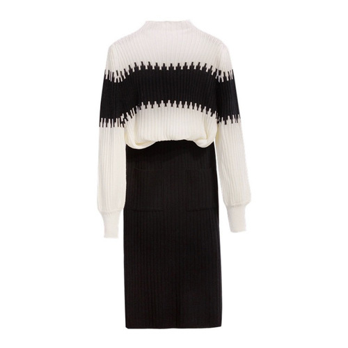 Black Knitwear Set Top and Skirt, Chic Goddess Style Set Knit Sweater with Dress