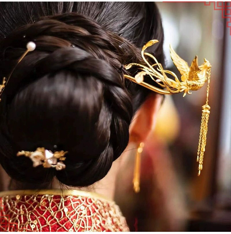 凤钗新娘结婚中式国风凤凰发簪女秀禾服头饰古风凤簪婚庆金色簪子-阿里巴巴