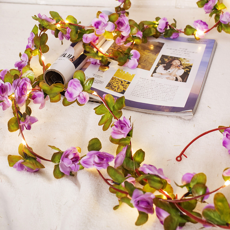 Simulación rosa lámpara de ratán decoración de ratán hotel de flores enrollado falso arte floral seda luz de colores luz intermitente decoración luz de alambre de cobre