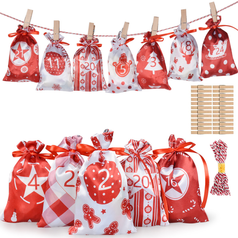 Cross-border 24pcs Christmas Gift Bundle Pocket Countdown Satin Drawstring Candy Bag Advent Calendar Hang Bag Set