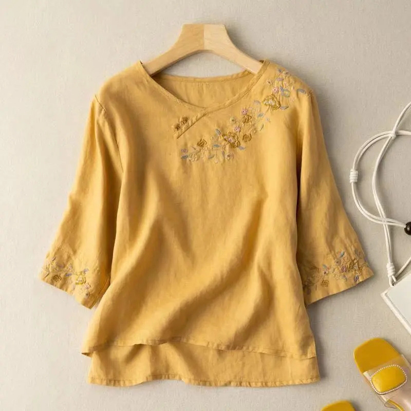 China Wind-Clasp Embroidered Shirt For Women Artistic Retro Summer Cotton-Linen Loose-Fitting Embroidered Top With Sev_ecoleips.com