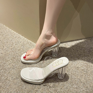 Crystal Slippers for Women's Summer Outer Wear, Fashionable Fairy French Transparent High Heels, Thick Heels, Sandals, Niche High-End Sandals