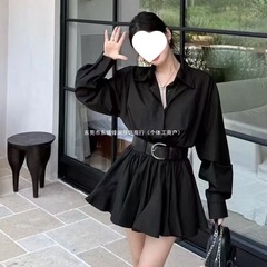 女装法式新款气质两件早秋拼接百褶腰带长袖短裙衬衫连衣裙带腰带