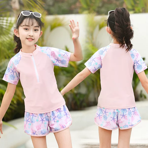 2026 Girls' Swimsuit for 3-6 Years Old, Two-Piece Short Sleeve and Shorts Swimwear, Baby Hot Spring Outfit