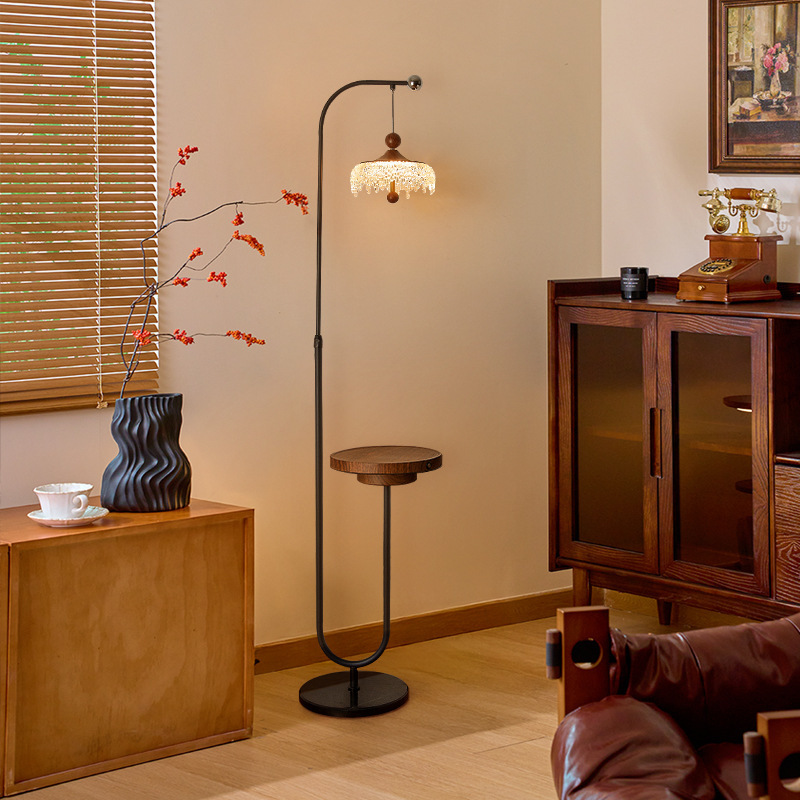 Water Drop Floor Lamp, Vintage Walnut Color Storage Rack Next to the Sofa in the Living Room, Integrated Side Table, Bedroom Ambiance Lighting