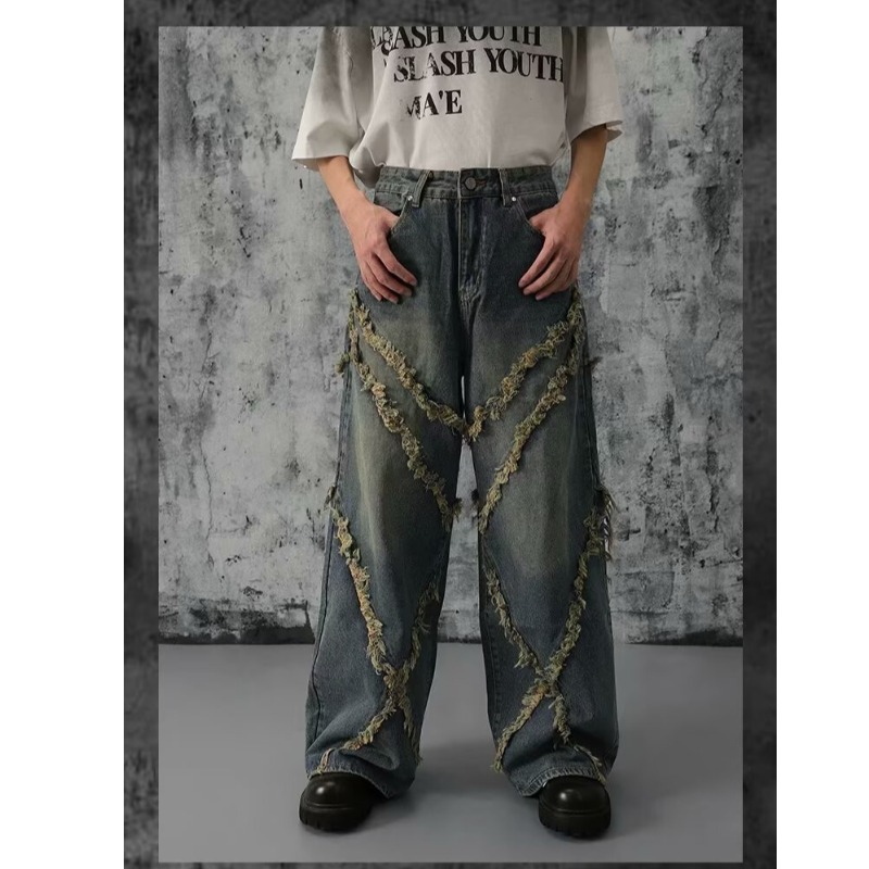 Unisex High Street Vintage Washed Distressed Patchwork Jeans Relaxed Wide Leg Straight Denim Pants for Men And Women_mkmklike.com
