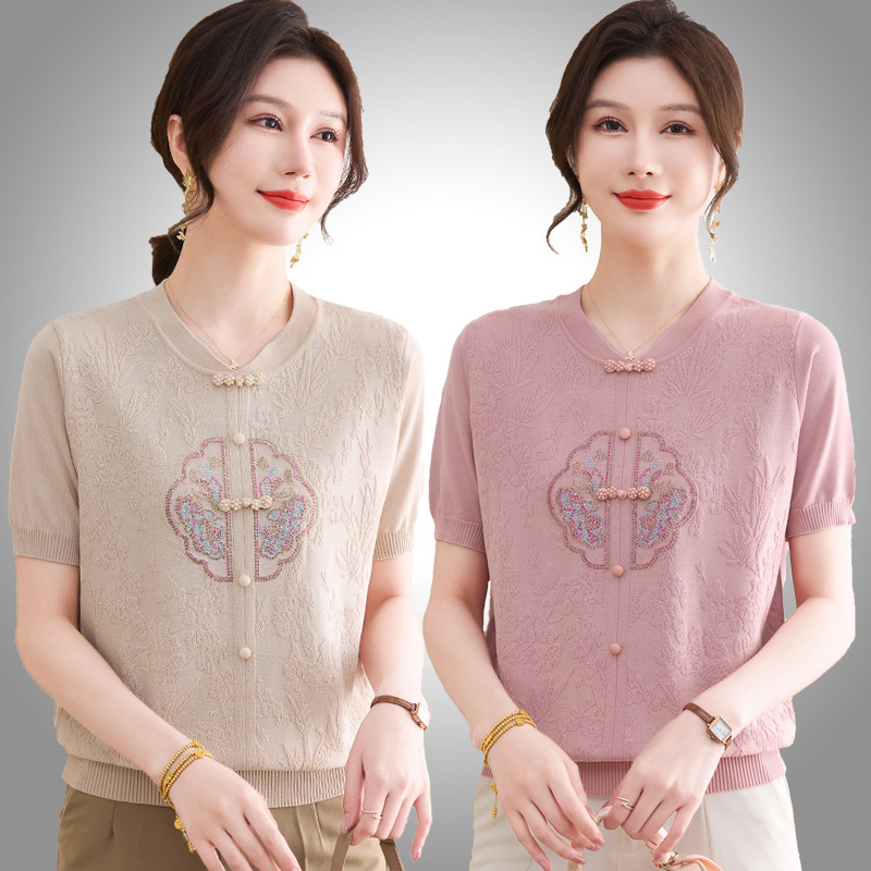 Middle-aged and Elderly Women's Summer New Chinese Style National Style Short-sleeved T-shirt Small Shirt Mother's Day Thin Knitted Shirt Top for Mother