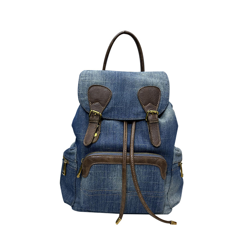 Bag, women's new 2023 fashionable denim cloth with cowhide backpack, casual and versatile canvas bag_voghion.com