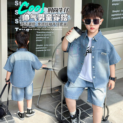 ボーイズデニムスリーピース半袖スーツ2025夏新作ハンサムベビーインターネットセレブおしゃれ服とパンツ