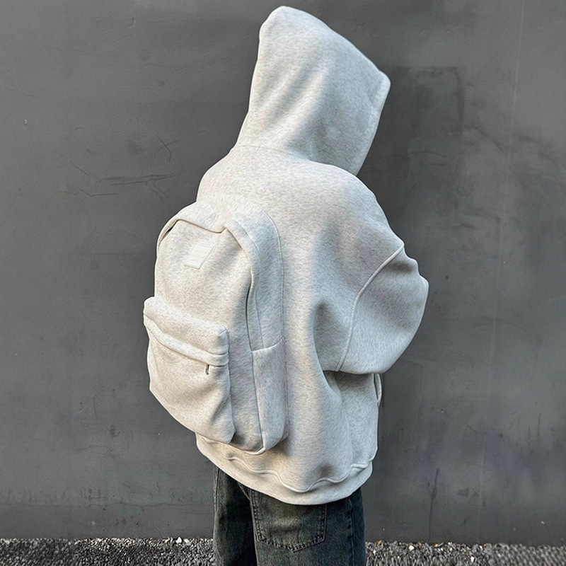 White and Gray Stereo School Bag Cardigan Sweatshirt Men's Autum Design American Short Wide Boxy Sports Hooded Jacket