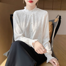 2025假开衫木耳长袖半高领薄款镂空上衣法式百搭洋气套头花边打底