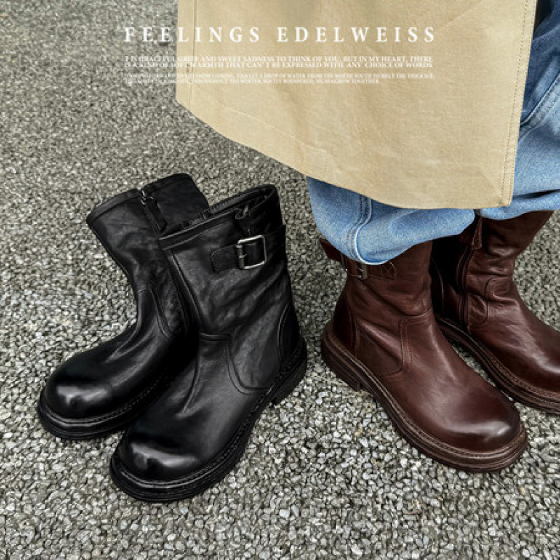 新里外全真皮头层打蜡牛皮复古英伦风显瘦粗跟骑士靴百搭潮款短靴