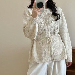 针织开衫宽松外套上衣慵懒款适中系带立体装饰公主袖私服名媛