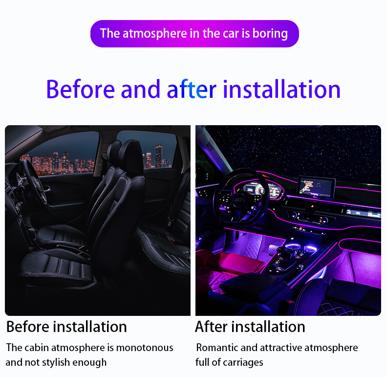 Thuning-free car atmosphere lamp optical fiber line cold light 64 color car atmosphere lamp APP control application