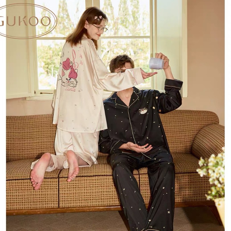 Nutshell Same Style Couple Pajamas for Women Autumn Star Mary Cat Loose Cartoon Ice and Snow Silk Home Clothes Set for Men