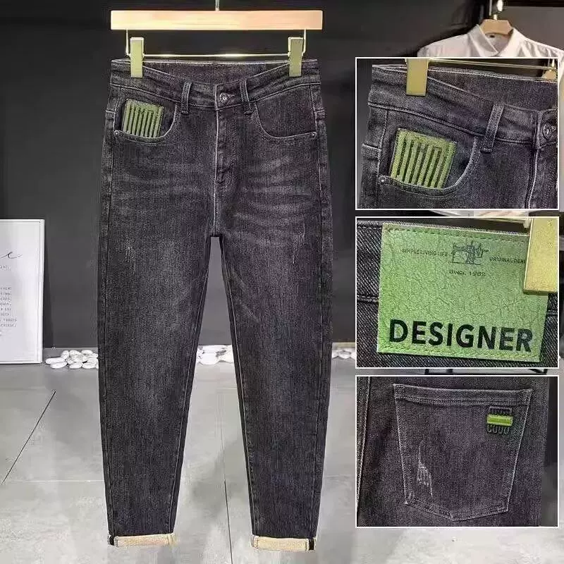 Внешняя торговля специализируется на эластичных узких мужских джинсах, новинка лета 2025 года, модный бренд, универсальные прямые брюки средней посадки.